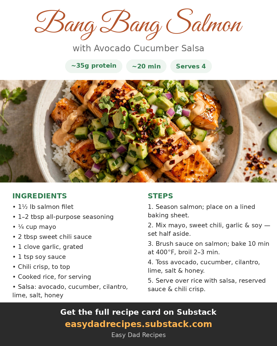 Recipe card for Bang Bang Salmon with Avocado Cucumber Salsa