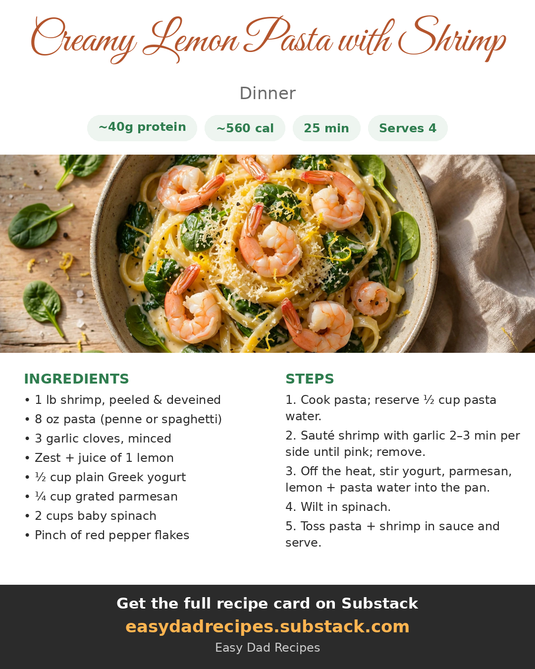 Recipe card for Creamy Lemon Pasta with Shrimp